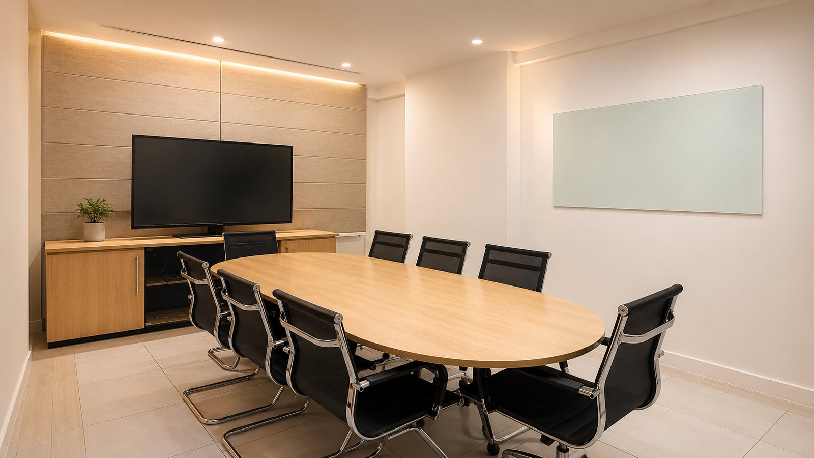 Sala de reunião clara do Porto Virtual Coworking em Niterói