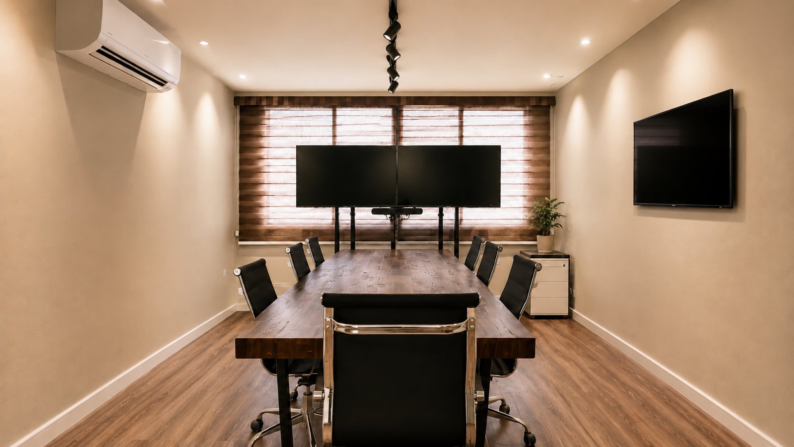 Sala de reunião com mesa de madeira do Porto Virtual Coworking em Niterói